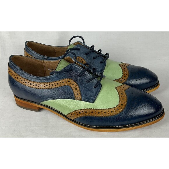 MONA FLYING 10.5 EU 43 Blue Green Leather Lace-up Oxfords Wingtip Derby Shoe - Picture 2 of 11